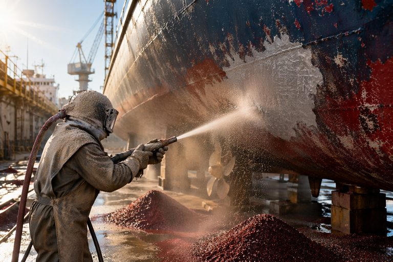 Tersanede gemi gövdesinin garnet kumu ile kumlanması
