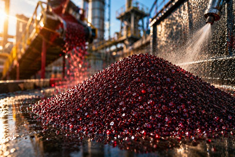 Tesiste yıkanmış garnet kumu yığını
