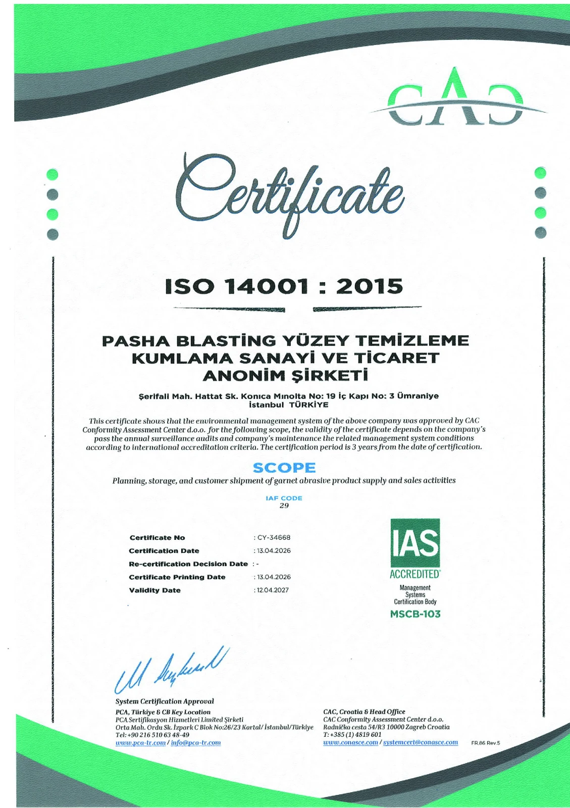 ISO 14001:2015 Environmental Management System Certificate