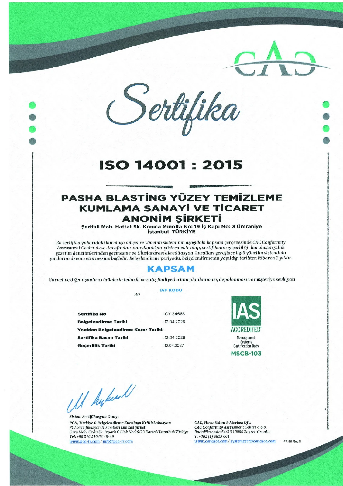 ISO 14001:2015 Çevre Yönetim Sistemi Belgesi