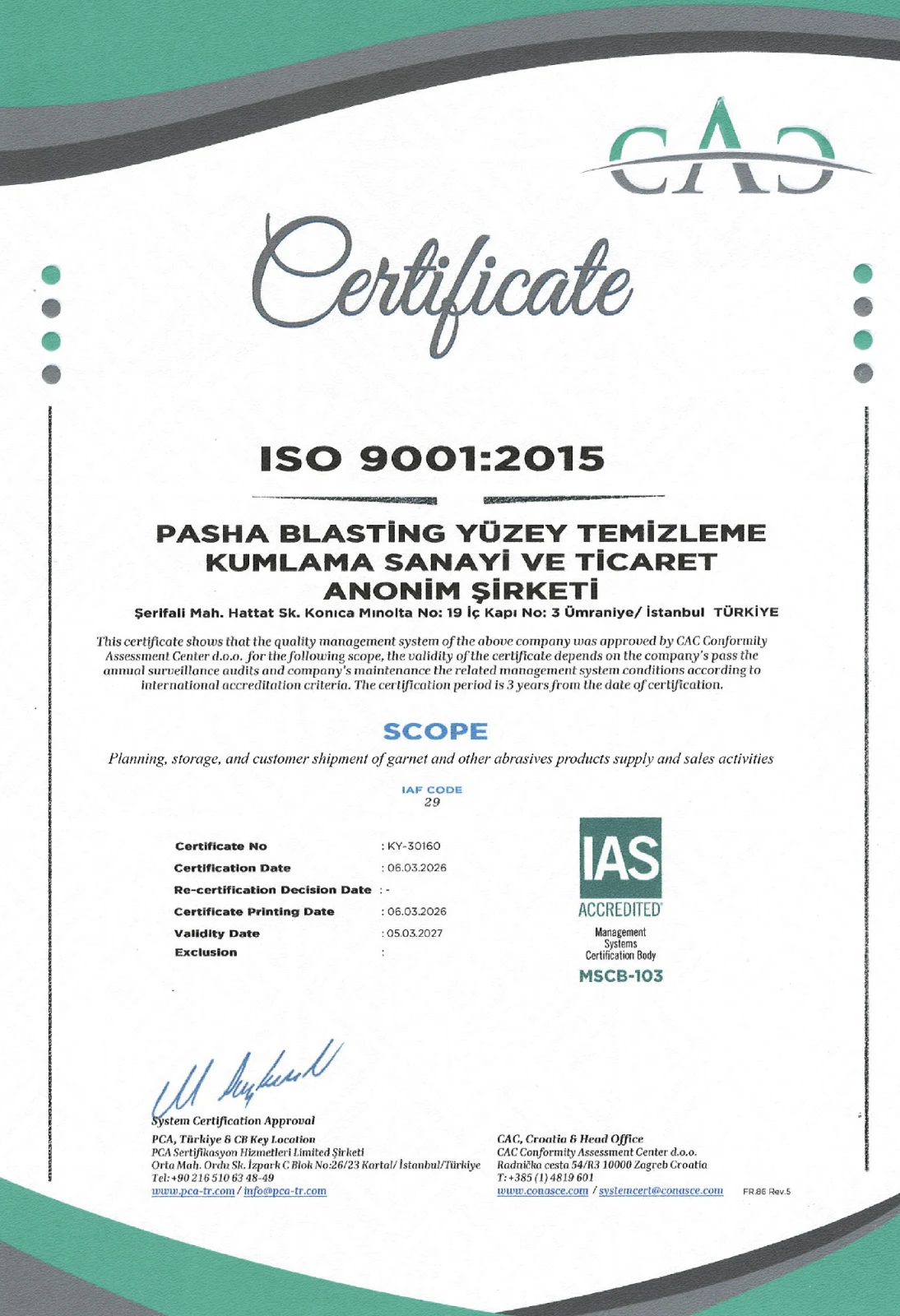 ISO 9001:2015 Quality Management System Certificate