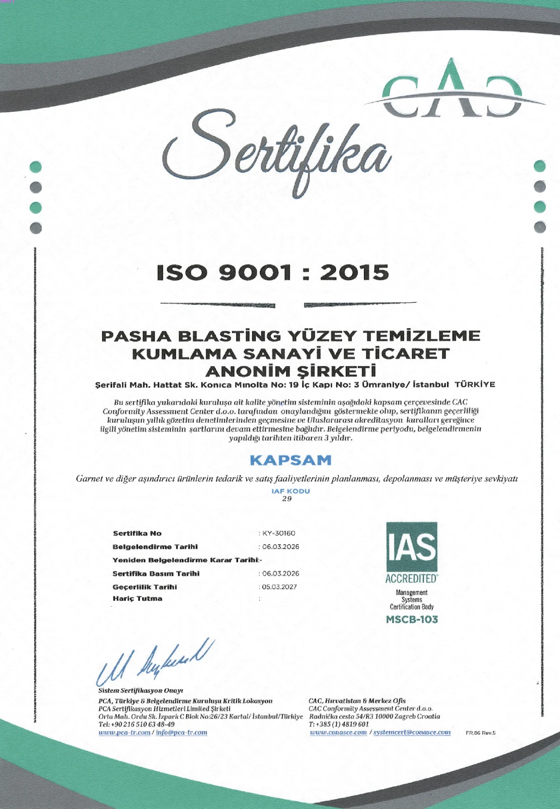 ISO 9001:2015 Kalite Yönetim Sistemi Belgesi
